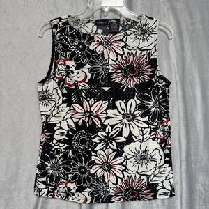 George Shirt Womens Medium Black White Floral Sleeveless Stretch Tank Top Blouse
